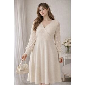 Chicwish Cream Swiss Dot Knit Sweater Dress Large Sheer Sleeves Coquette Midi